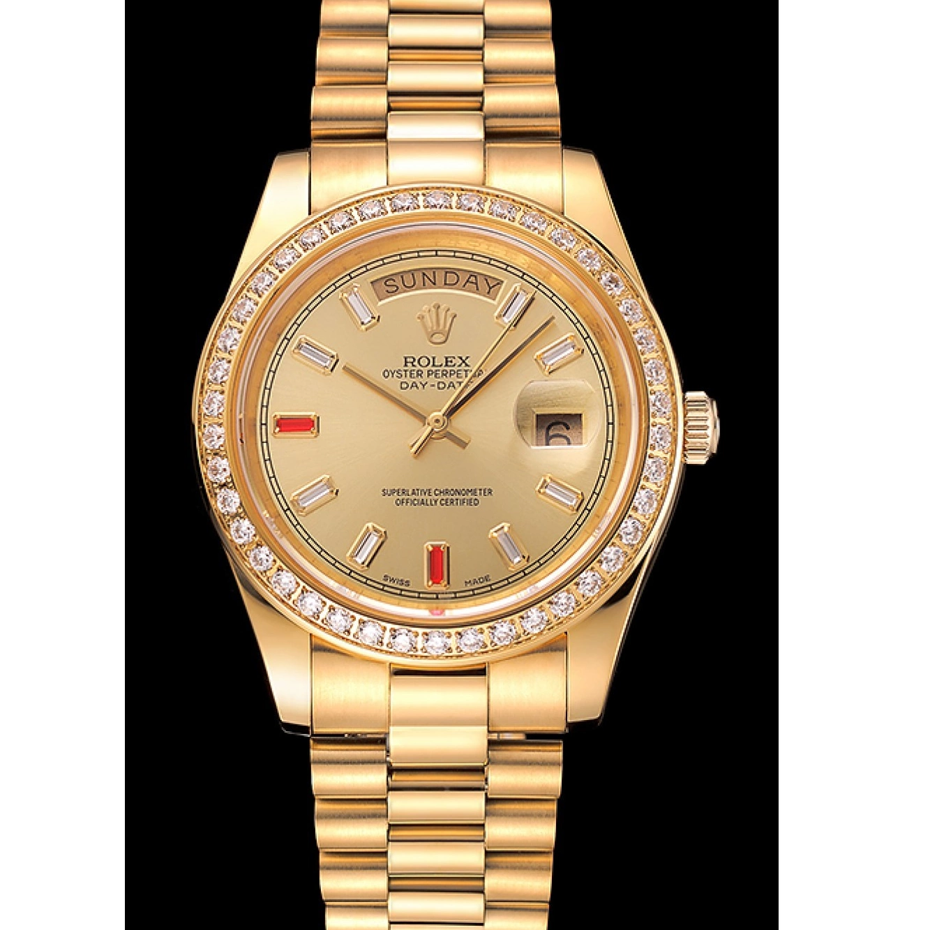 Aaa replica watch 1454100 And Champagne Day-Date Rubies Gold Rolex Diamonds Dial Bracelet Swiss 0702